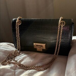 Aldo Black Croc-Embossed Shoulder Bag with Gold Chain